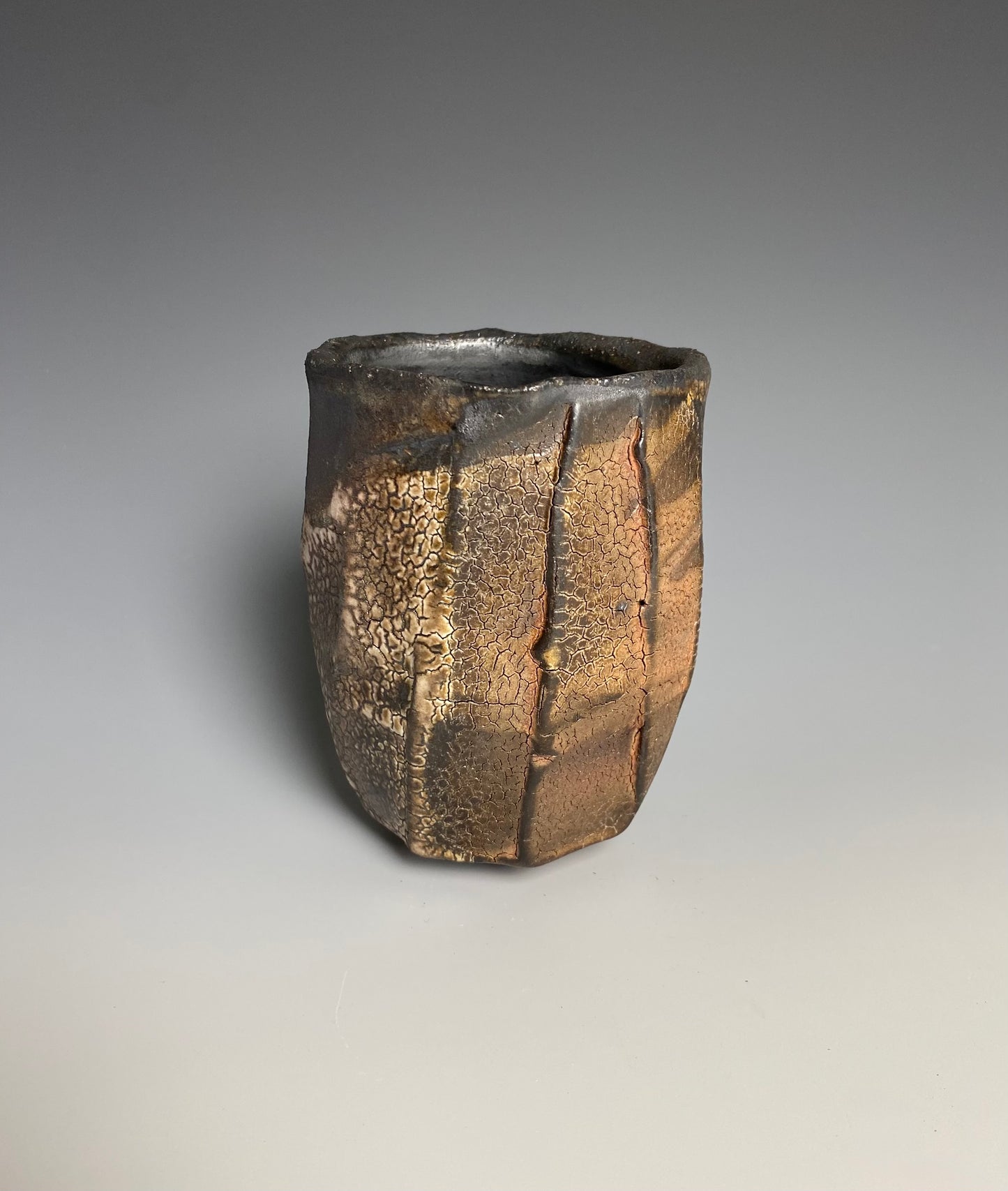 Wood Fired Faceted Yunomi with Crackle Slip