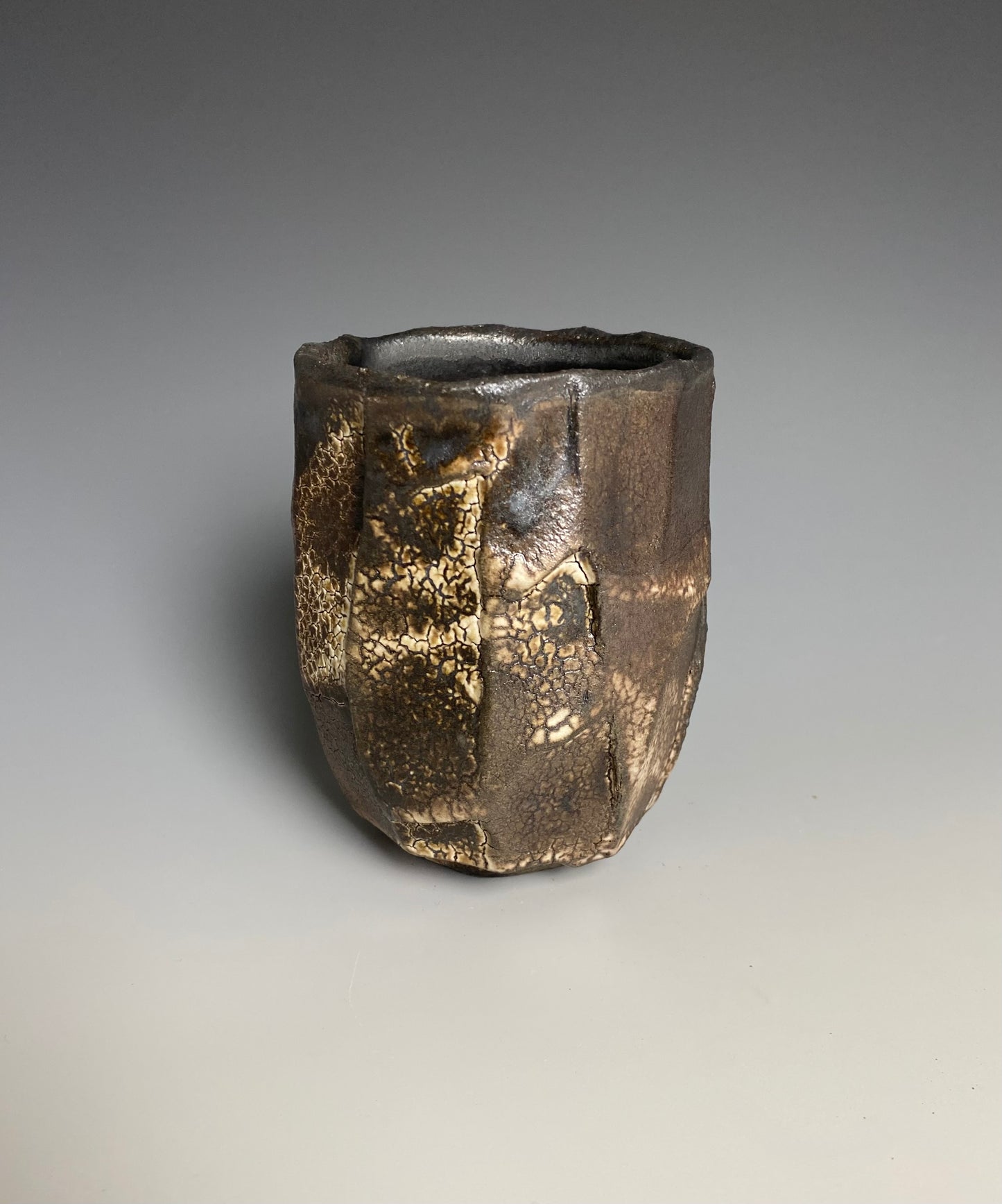 Wood Fired Faceted Yunomi with Crackle Slip