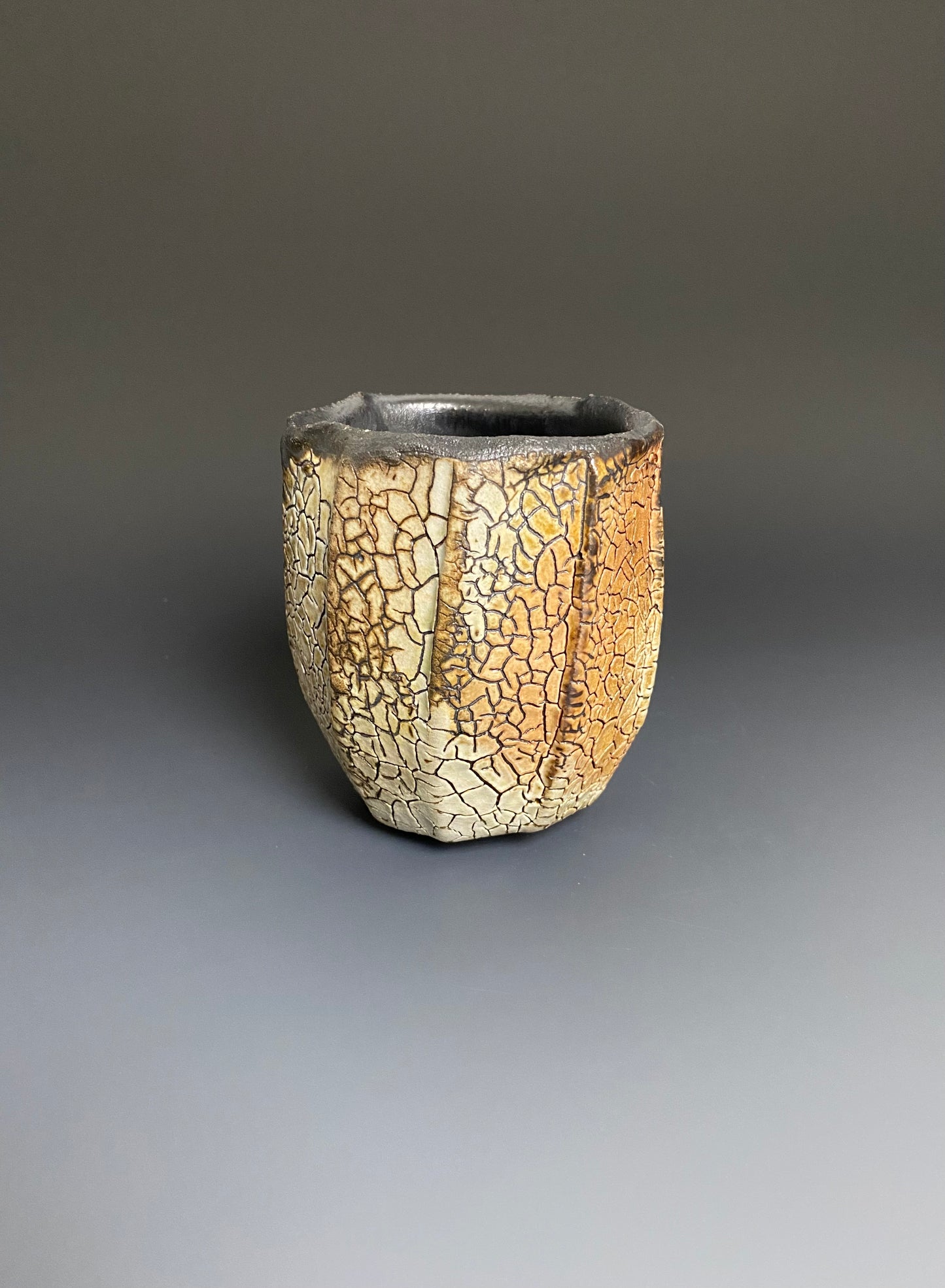 Wood Fired Faceted Yunomi with Crackle Slip