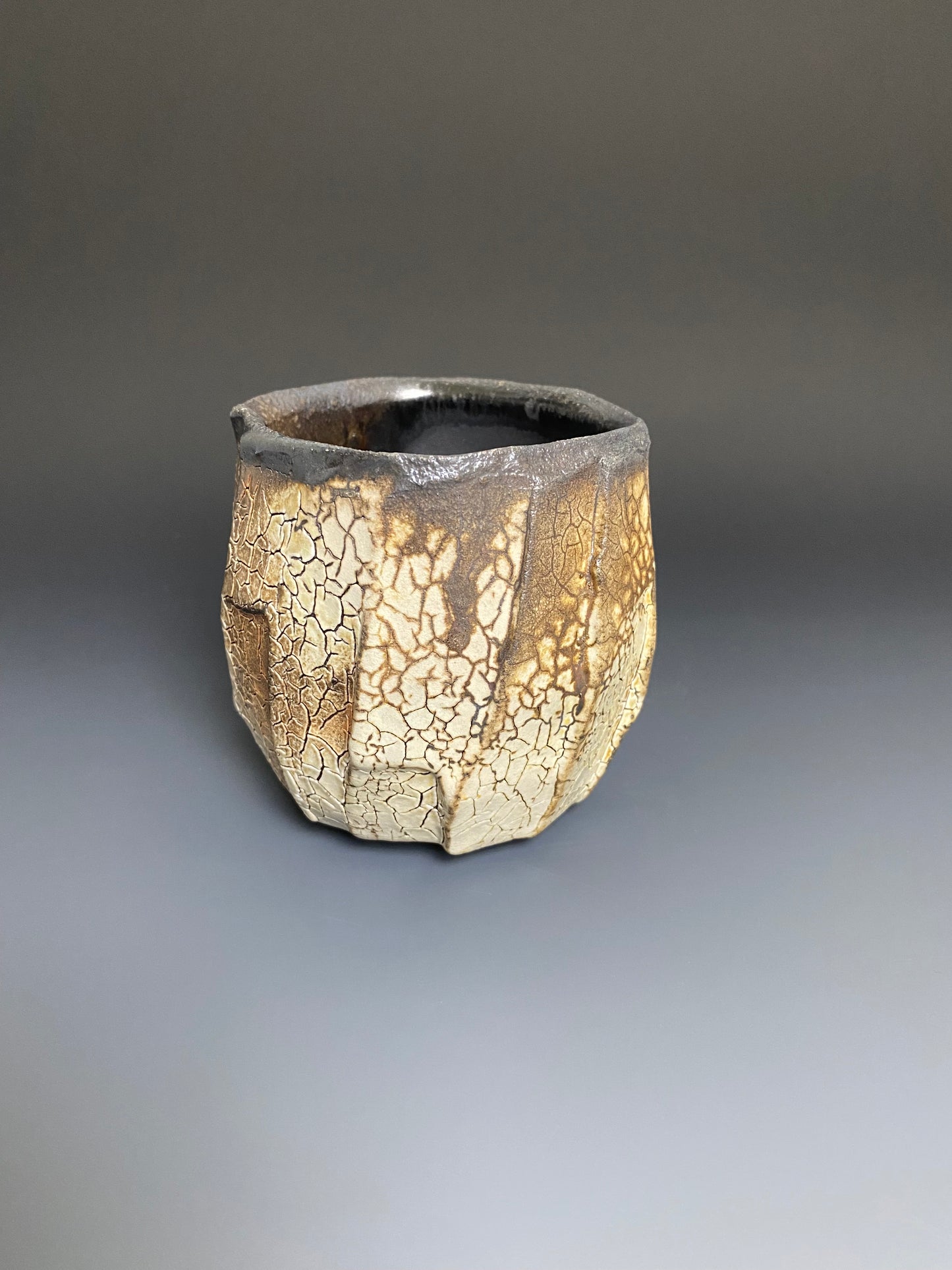 Wood Fired Faceted Yunomi with Crackle Slip