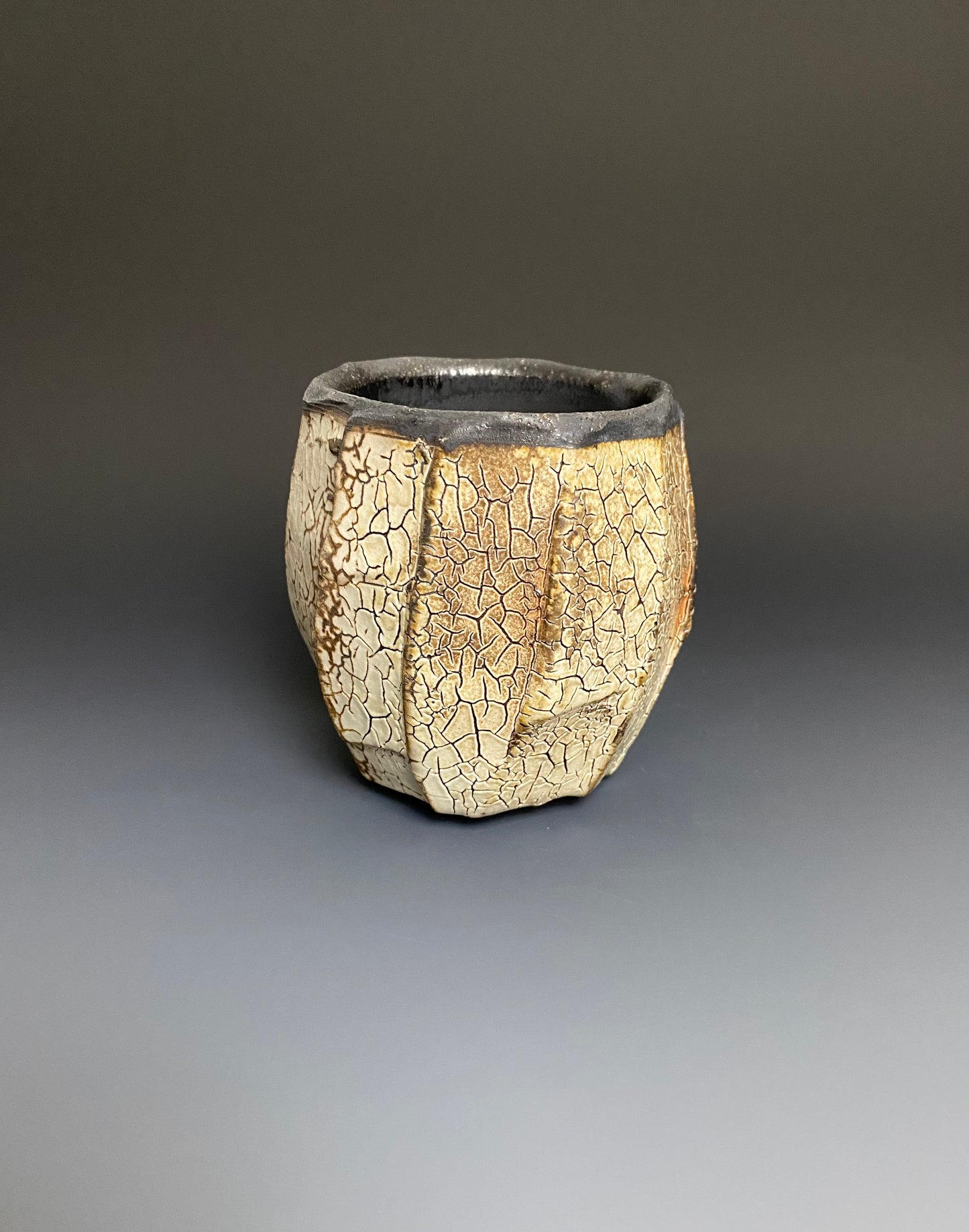 Wood Fired Faceted Yunomi with Crackle Slip