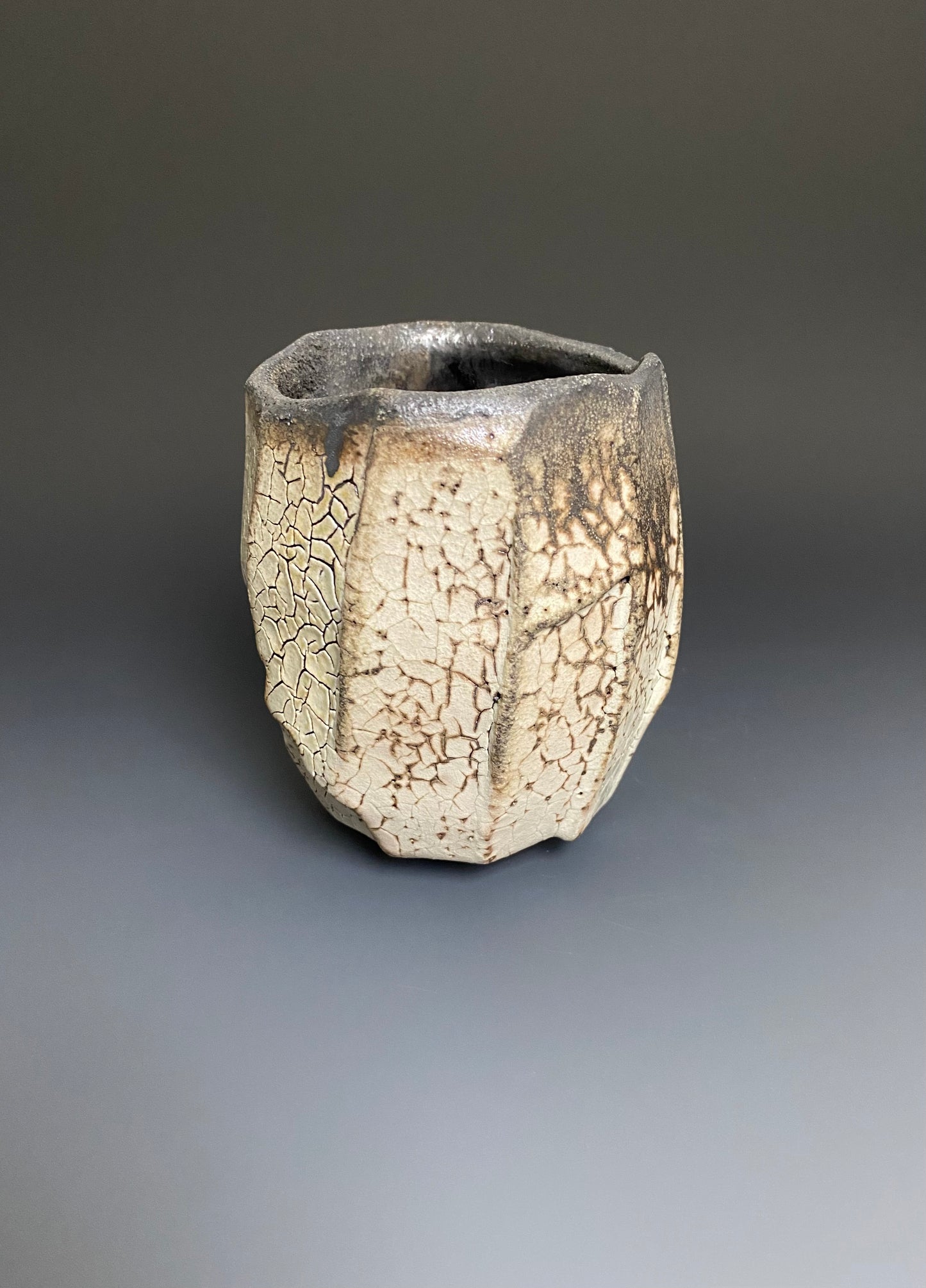 Wood Fired Faceted Yunomi with Crackle Slip