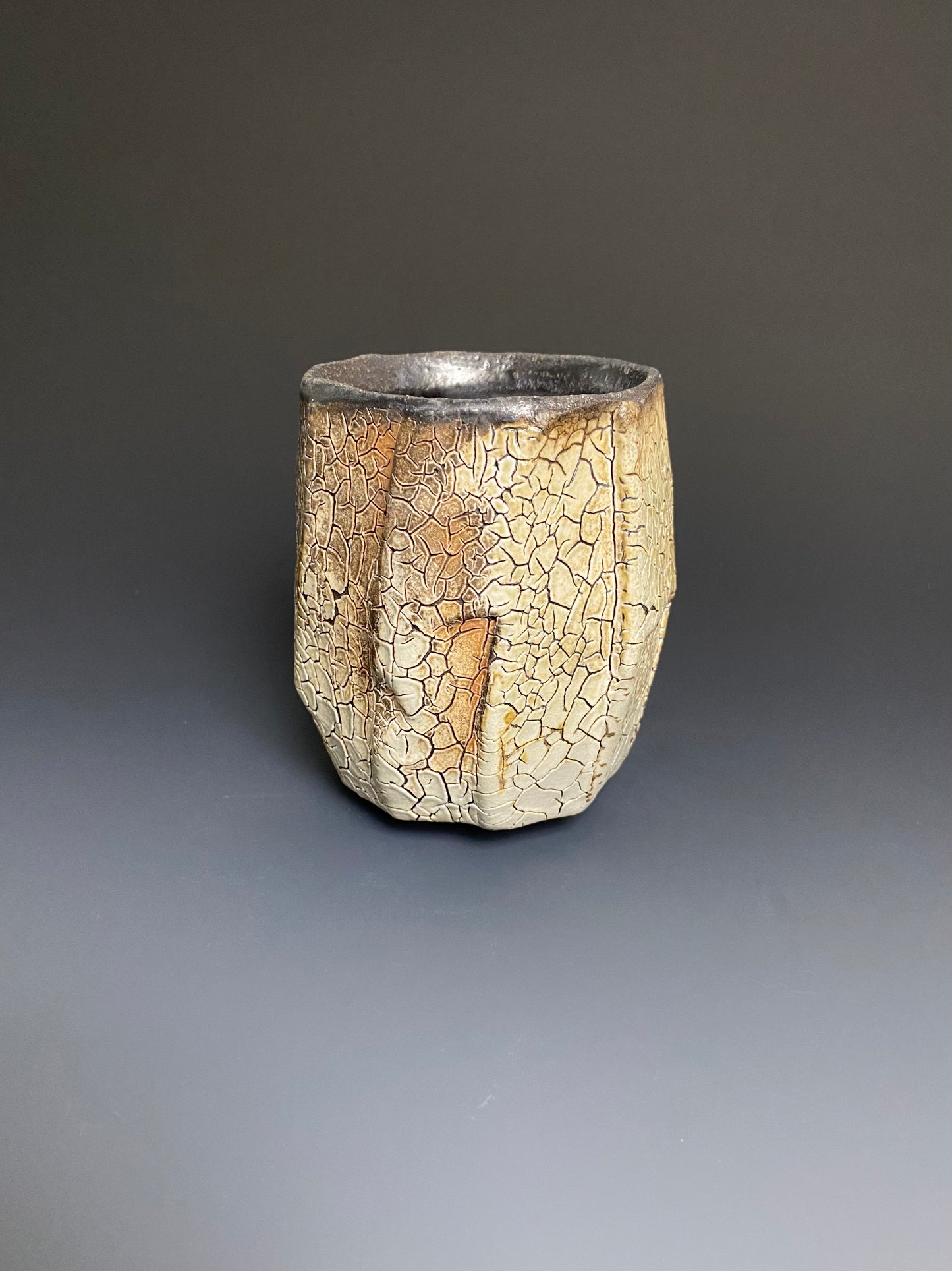 Wood Fired Faceted Yunomi with Crackle Slip
