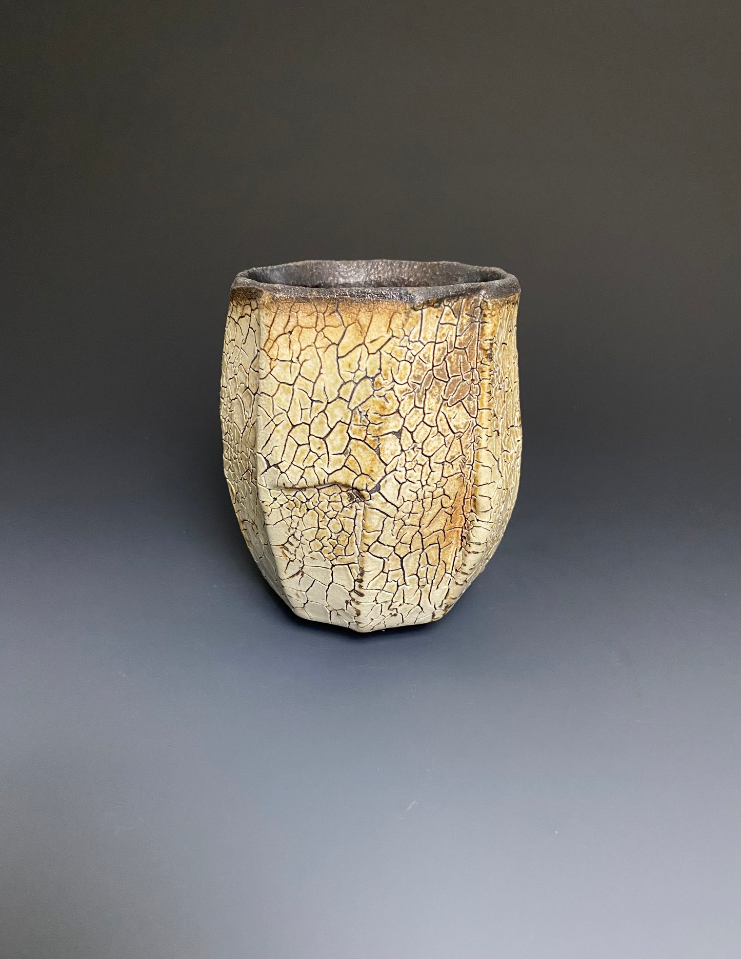 Wood Fired Faceted Yunomi with Crackle Slip