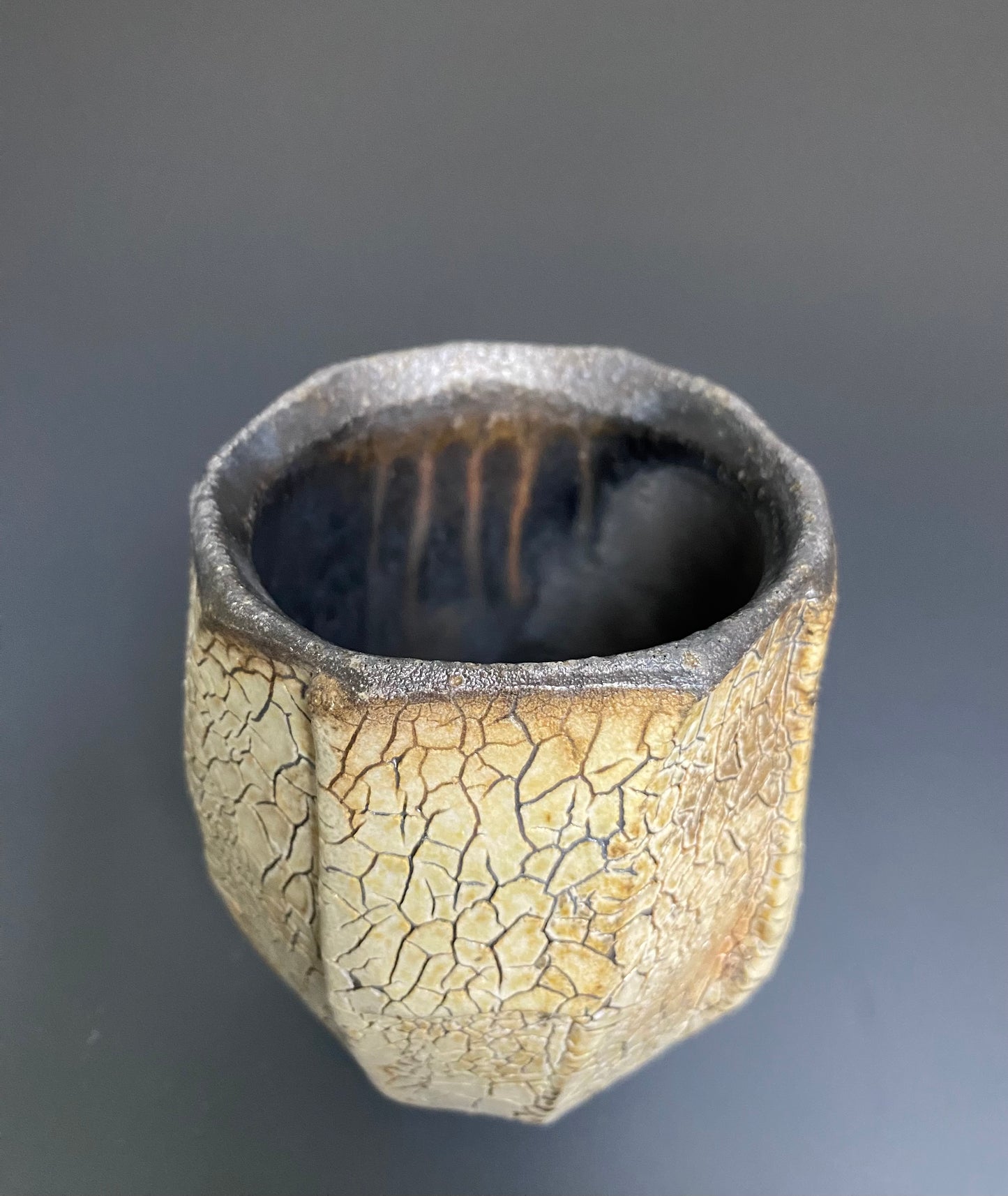 Wood Fired Faceted Yunomi with Crackle Slip