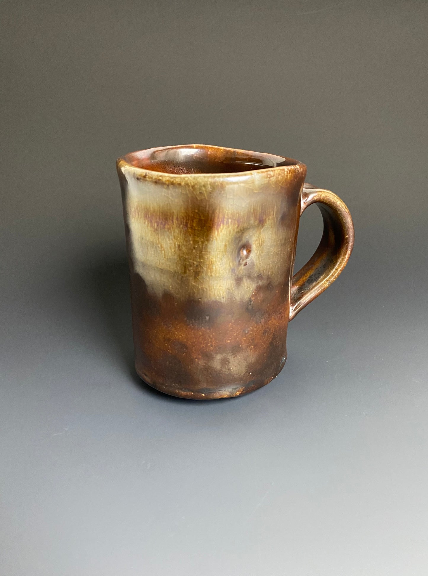 Tall Wood Fired Mug, Shino Glaze with Iridescence