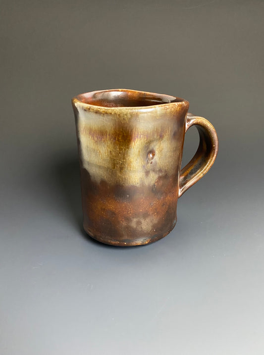 Tall Wood Fired Mug, Shino Glaze with Iridescence