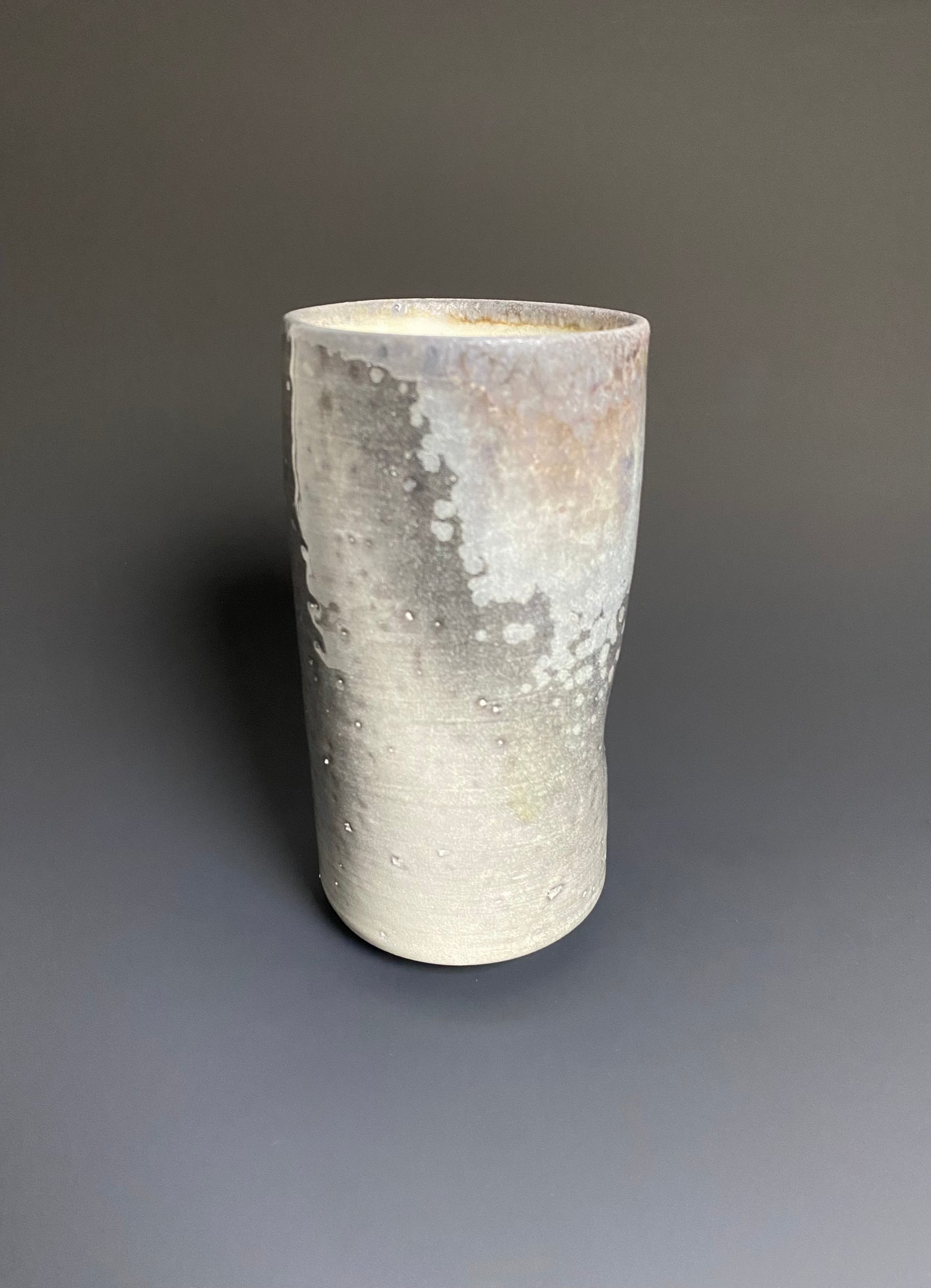 Tall Wood Fired Porcelain Tumbler with Indents and Crystals