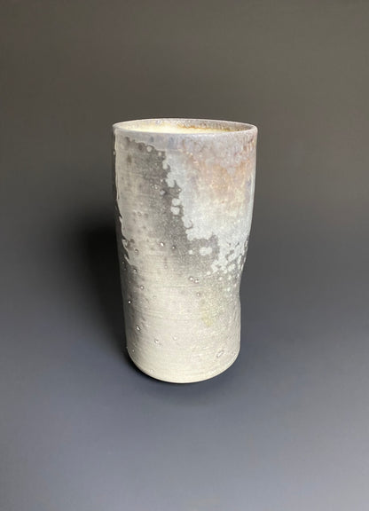 Tall Wood Fired Porcelain Tumbler with Indents and Crystals