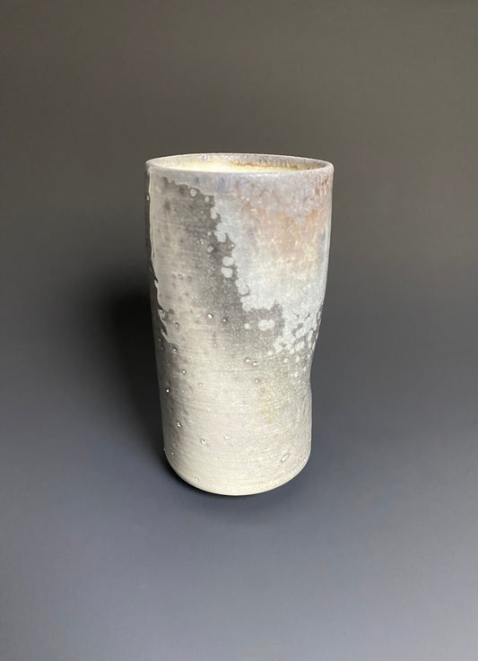 Tall Wood Fired Porcelain Tumbler with Indents and Crystals