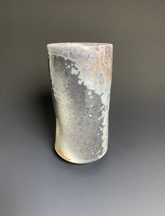 Tall Wood Fired Porcelain Tumbler with Indents and Crystals
