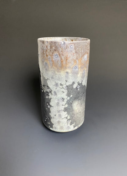 Tall Wood Fired Porcelain Tumbler with Indents and Crystals