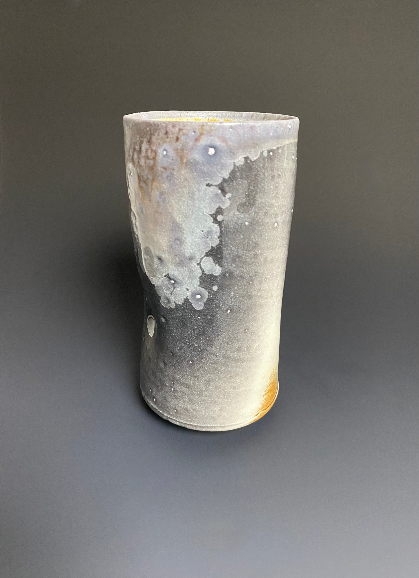 Tall Wood Fired Porcelain Tumbler with Indents and Crystals