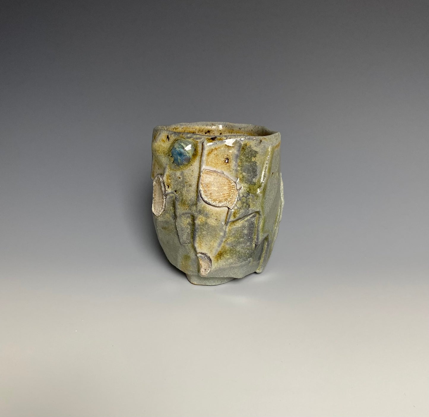 Wood Fired Faceted Yunomi with Blue Jewel