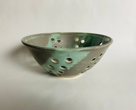 Fruit Bowl with Holes in a Green/Carbon Glaze